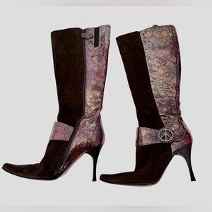 Donald J Pliner Vida Knee High Boots 9M Brown Suede Croc Leather